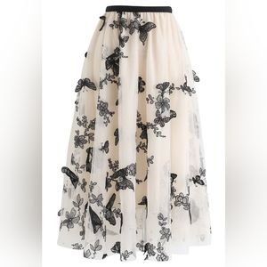 Chicwish 3D BUTTERFLY DOUBLE-LAYERED MESH MIDI SKIRT IN CREAM